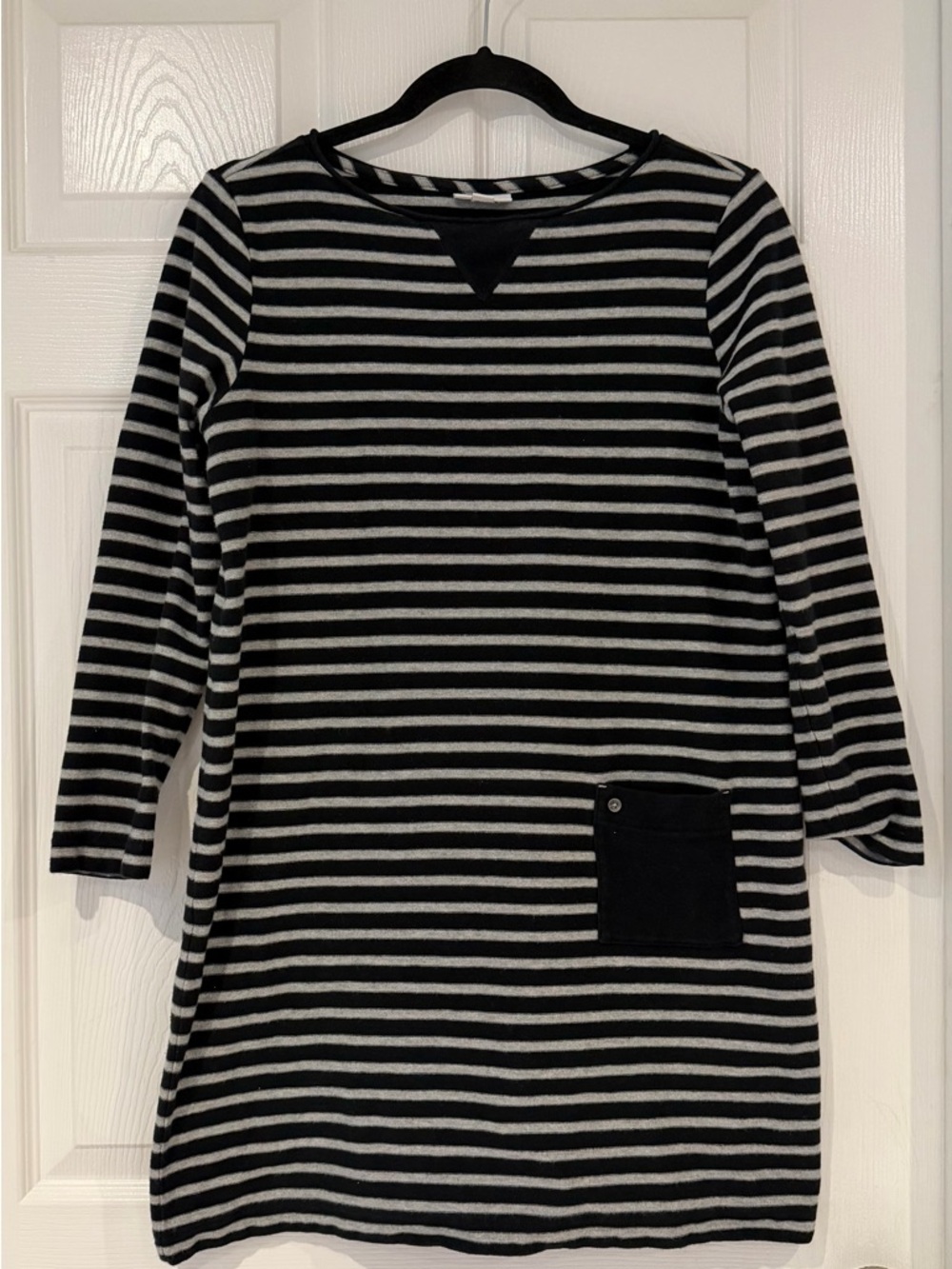 J Jill Long Sleeve Shift‎ Tunic Sweater Dress Gray Black Stripes Pocket M Petite